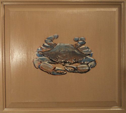 A painted crab on a beige background, showcasing its claws and shell in a stylized, artistic manner.