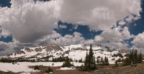 A panoramic view of snow-covered mountains under a partly cloudy sky, with evergreen trees in the foreground.