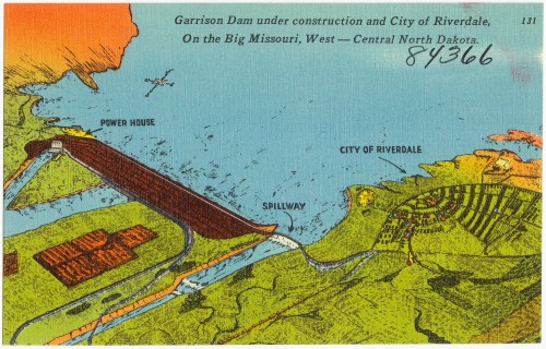 Illustration of Garrison Dam under construction, showing Riverdale and surrounding areas on the Big Missouri River, North Dakota.