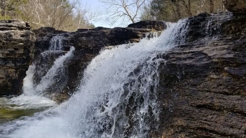 A cascading waterfall flows over rocky terrain, surrounded by trees and a clear blue sky.