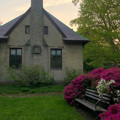 A quaint stone house with large windows, surrounded by vibrant pink and white flowers, and a wooden bench in the foreground.