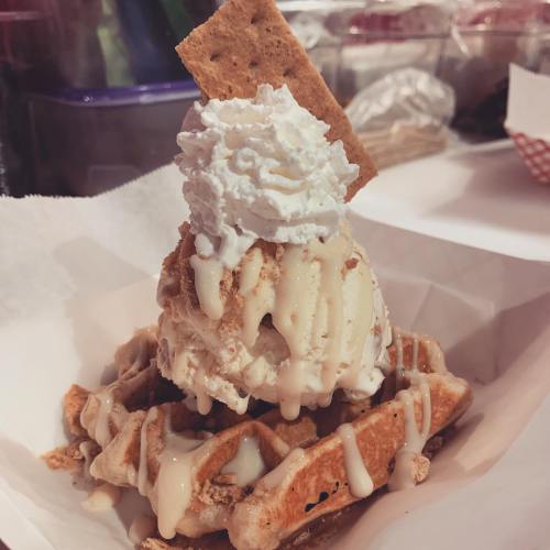 A delicious dessert featuring a waffle topped with ice cream, whipped cream, and a graham cracker, drizzled with sauce.