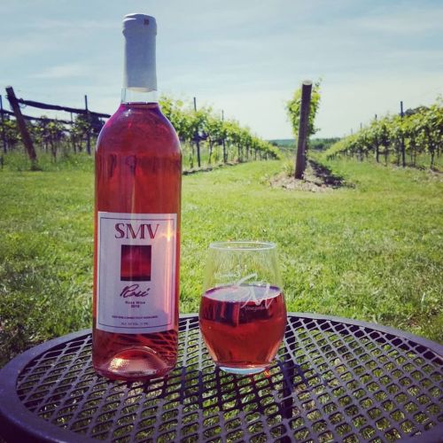 A bottle of SMIV Rosé wine next to a glass on a table, with a vineyard in the background under a clear blue sky.