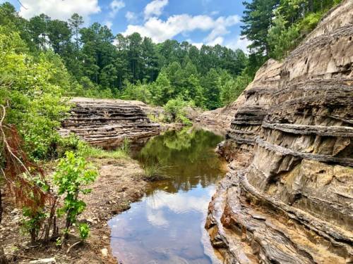 A serene landscape featuring layered rock formations beside a calm pond, surrounded by lush green trees and blue skies.