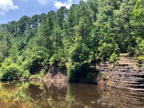 Lush green trees line a rocky shoreline, reflecting in calm water under a bright blue sky.
