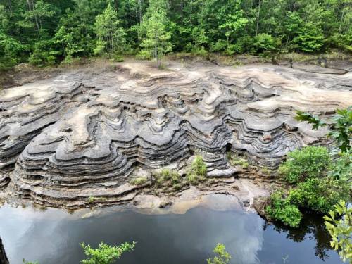 Aerial view of layered rock formations beside a calm river, surrounded by lush green trees.