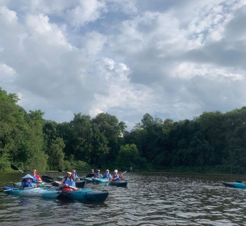 A group of people kayaking on a calm river surrounded by lush greenery and cloudy skies.
