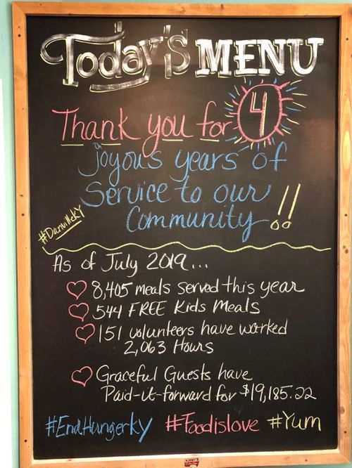 Chalkboard menu celebrating 4 years of community service, highlighting meals served, volunteers, and donations.