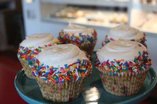 A close-up of colorful cupcakes with white frosting and sprinkles, displayed on a teal plate.