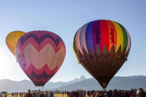 Two colorful hot air balloons rise against a clear blue sky, with a crowd gathered below in a scenic landscape.