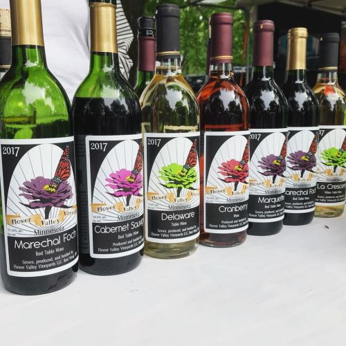 A lineup of wine bottles with colorful labels featuring flowers and butterflies, showcasing various types of wine.