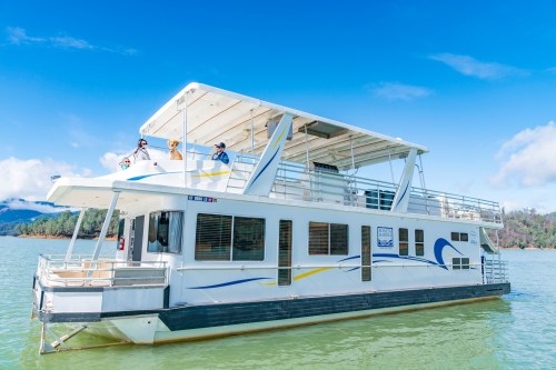 A spacious houseboat with a sun deck floats on calm water under a clear blue sky, surrounded by lush greenery.