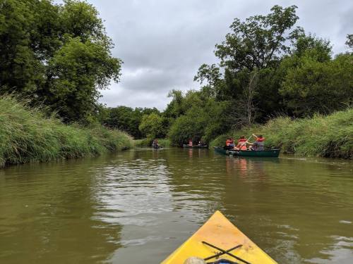 A view from a kayak on a calm river, with people in canoes paddling among lush greenery and cloudy skies.