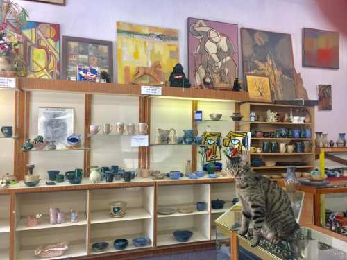 A cozy shop display with various pottery and art pieces, featuring a cat sitting on the counter.