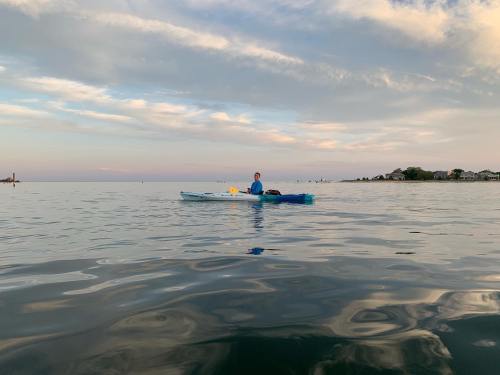 A person in a blue kayak paddles on calm water under a cloudy sky, with a shoreline visible in the background.