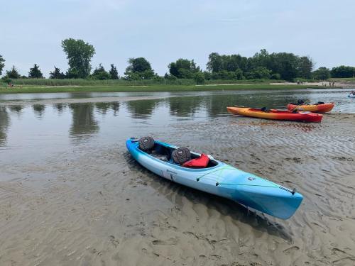 Two kayaks, one blue and one orange, are resting on a sandy shore by a calm river surrounded by greenery.
