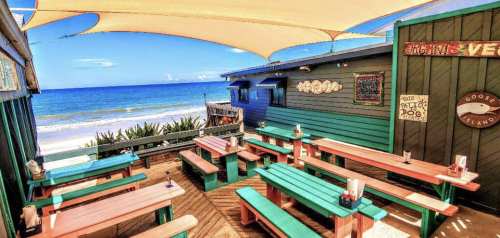 Outdoor dining area with colorful picnic tables overlooking the ocean, shaded by a large canopy. Bright blue sky in the background.