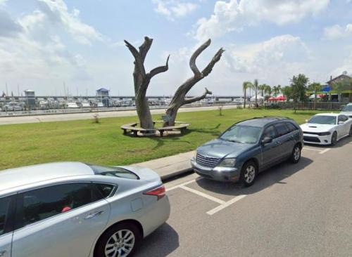 A marina scene with parked cars, a large tree sculpture, and boats in the background under a partly cloudy sky.