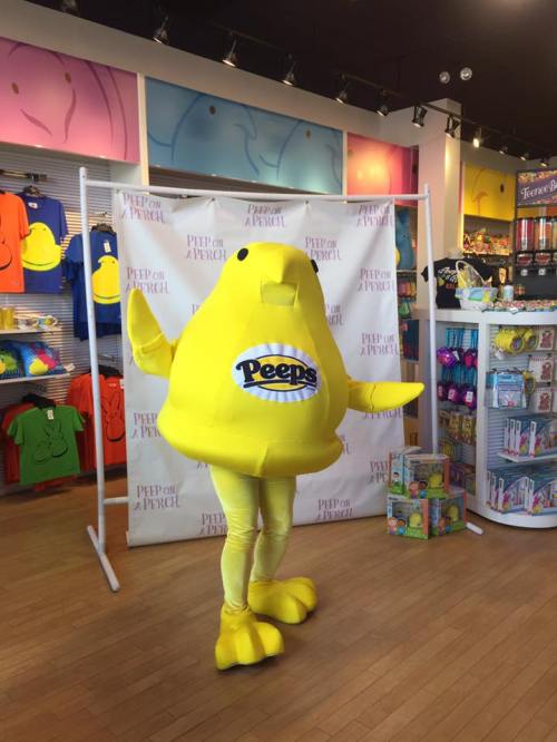 A person in a large yellow Peeps mascot costume stands in a colorful store filled with toys and decorations.