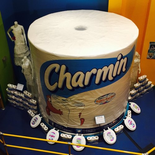 A large display of Charmin toilet paper rolls, surrounded by smaller rolls and a colorful background.
