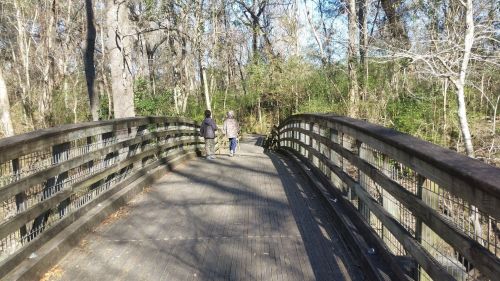 Two people walk across a wooden bridge surrounded by trees in a sunny, natural setting.