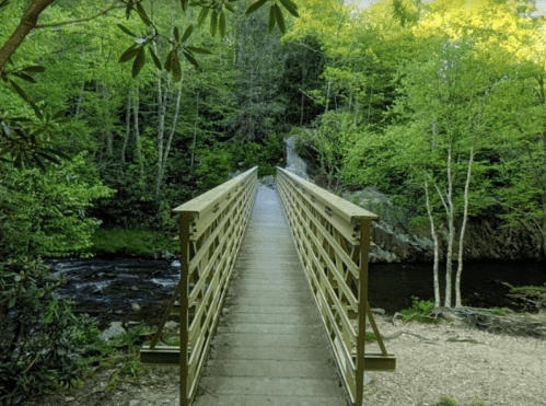A wooden bridge spans a stream, surrounded by lush green trees and rocky terrain.