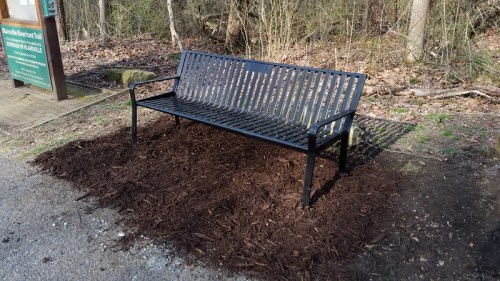 A black metal bench on a bed of mulch, surrounded by trees in a wooded area.