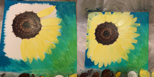 A partially completed painting of a sunflower on a blue and green background, showcasing vibrant yellow petals.