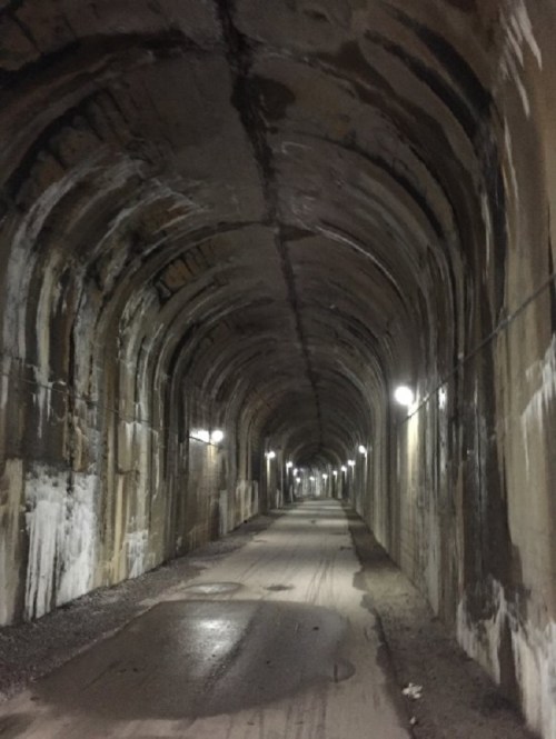 A dimly lit tunnel with arched ceilings and concrete walls, featuring a gravel path and scattered lights along the sides.