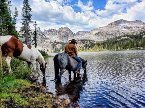 A man in a hat sits on a horse by a lake, while another horse drinks water, surrounded by mountains and trees.
