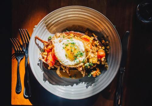 A plate of vibrant food featuring a fried egg, vegetables, and grains, beautifully arranged on a textured dish.