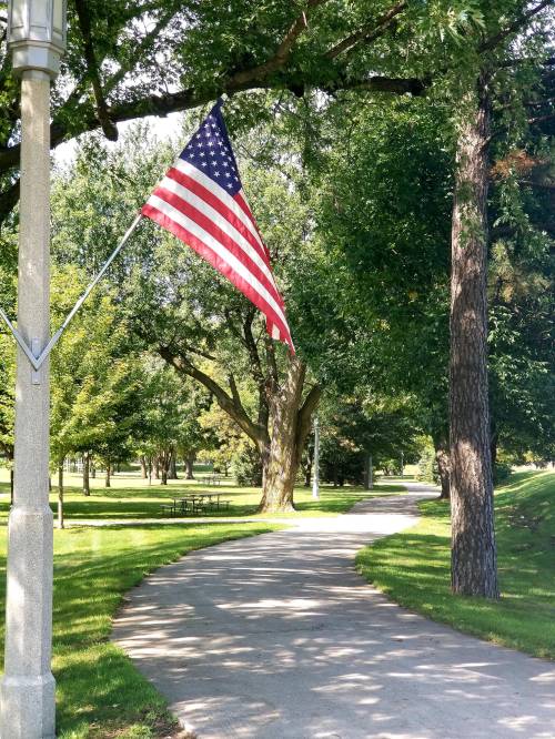 A winding path through a park, lined with trees, featuring an American flag on a lamp post.
