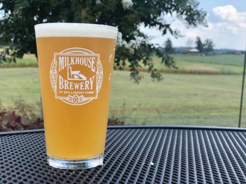 A glass of beer with a logo sits on a table, overlooking a green field and blue sky.