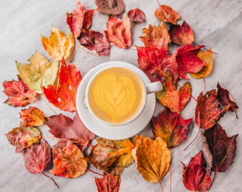 A cup of coffee surrounded by colorful autumn leaves on a gray surface.