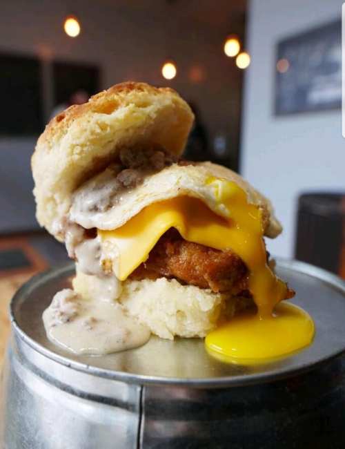 A delicious biscuit sandwich with fried chicken, melted cheese, and a runny egg, topped with creamy gravy.
