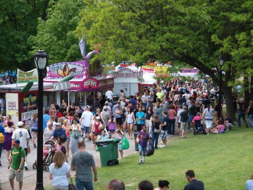 A bustling outdoor fair with crowds enjoying food stalls and attractions under green trees.