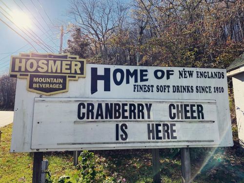 Sign for Hosmer Mountain Beverages announcing "Cranberry Cheer is Here," with a vintage design and natural surroundings.