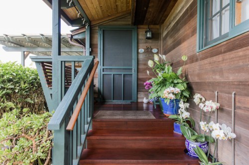 A wooden porch with a screen door, surrounded by potted plants and flowers, leading to a cozy home entrance.