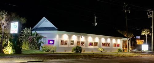 A brightly lit restaurant at night, featuring large windows and surrounded by palm trees.