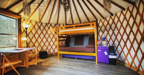Cozy yurt interior featuring a bunk bed, seating area, and wooden furniture with natural light from a window.