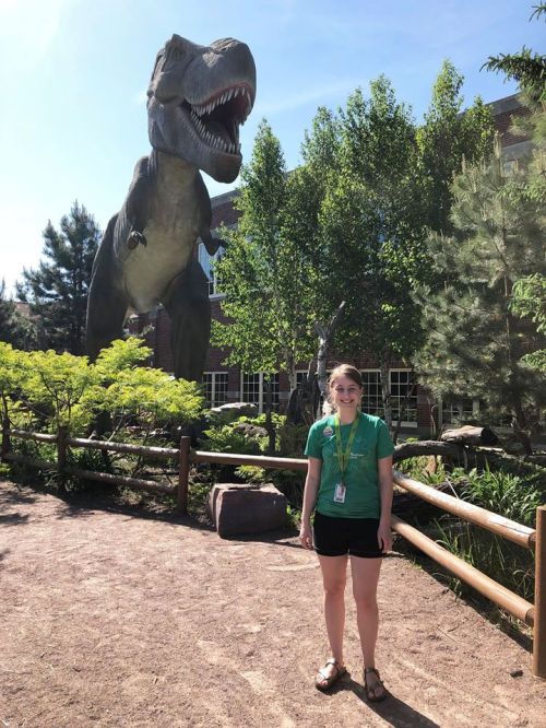 A person stands in front of a large dinosaur statue in a sunny outdoor setting with trees and a building in the background.
