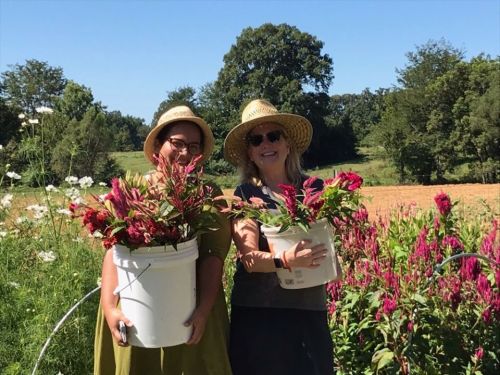 Two women wearing straw hats hold buckets of flowers in a sunny field, surrounded by greenery and blooming plants.