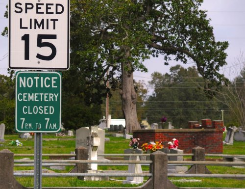 A speed limit sign next to a notice about cemetery hours, with gravestones and flowers in the background.