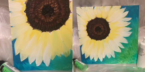Two paintings of sunflowers on canvas, one with a blue background and the other with a green background.