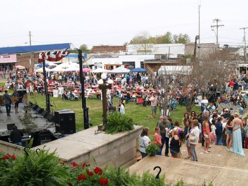 A lively outdoor festival with a crowd enjoying food, music, and activities in a vibrant community setting.