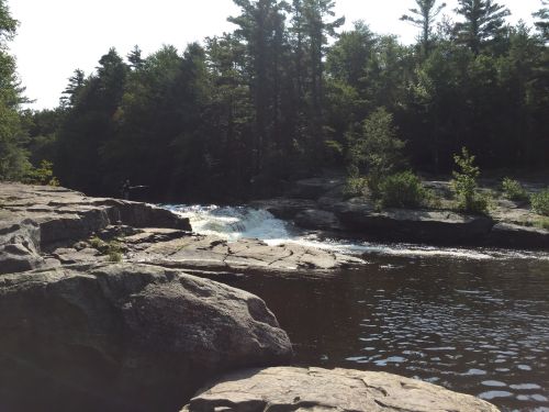 A serene river scene with rocky banks, flowing water, and lush trees in the background under a clear sky.