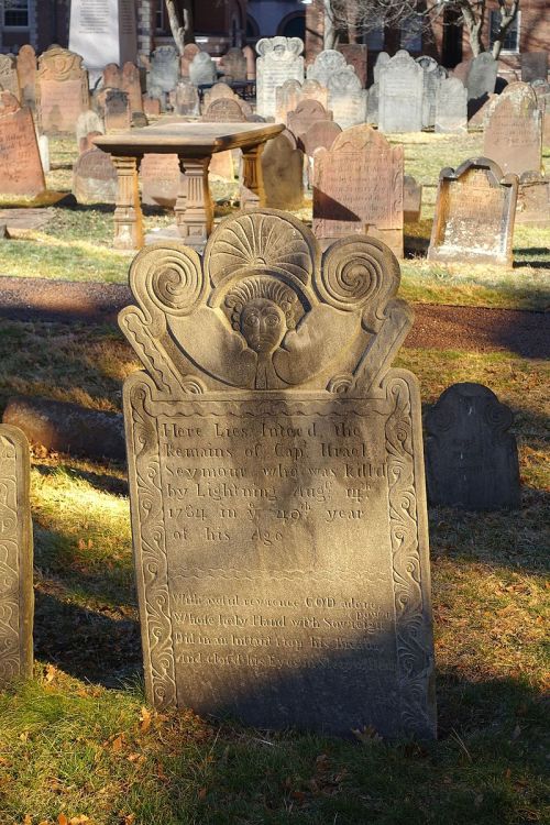 A historic gravestone with an ornate design, marking the burial site of Captain Seymour, dated 1789.