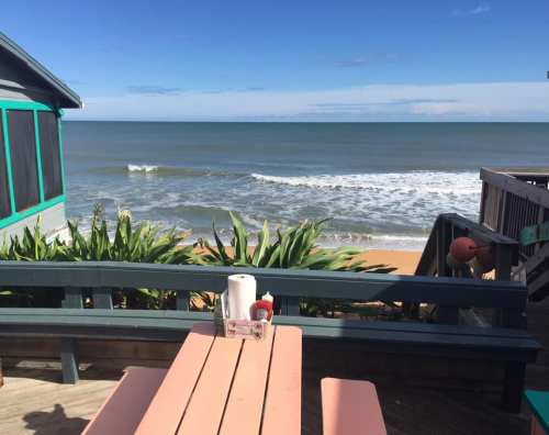 A beachside view with a wooden table, green plants, and gentle waves under a clear blue sky.