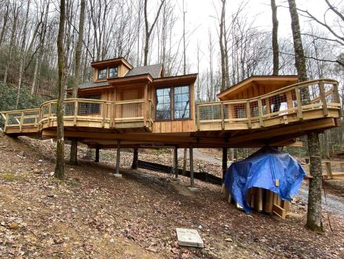A wooden house elevated on stilts, surrounded by trees, with a deck and a blue tarp covering materials below.