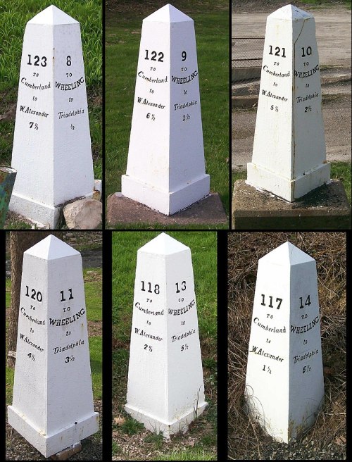 Six white milestone markers showing distances to Wheeling, Cumberland, and Tidioute, with varying numbers and directions.